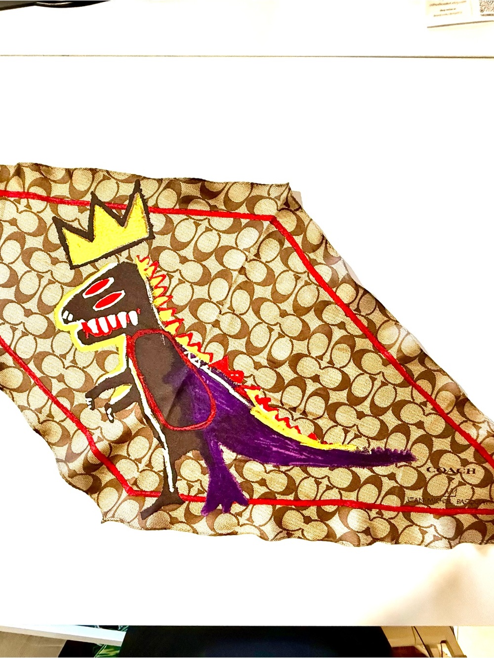 Coach Brown Signature Basquiat Dino Print Scarf with Red Trim and Purple Accent